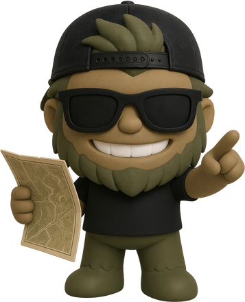Mountain Dude mascot holding a trail map and pointing