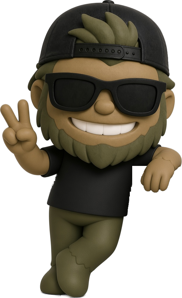Mountain Dude mascot flashing a peace sign and leaning on the Jeep's front tire